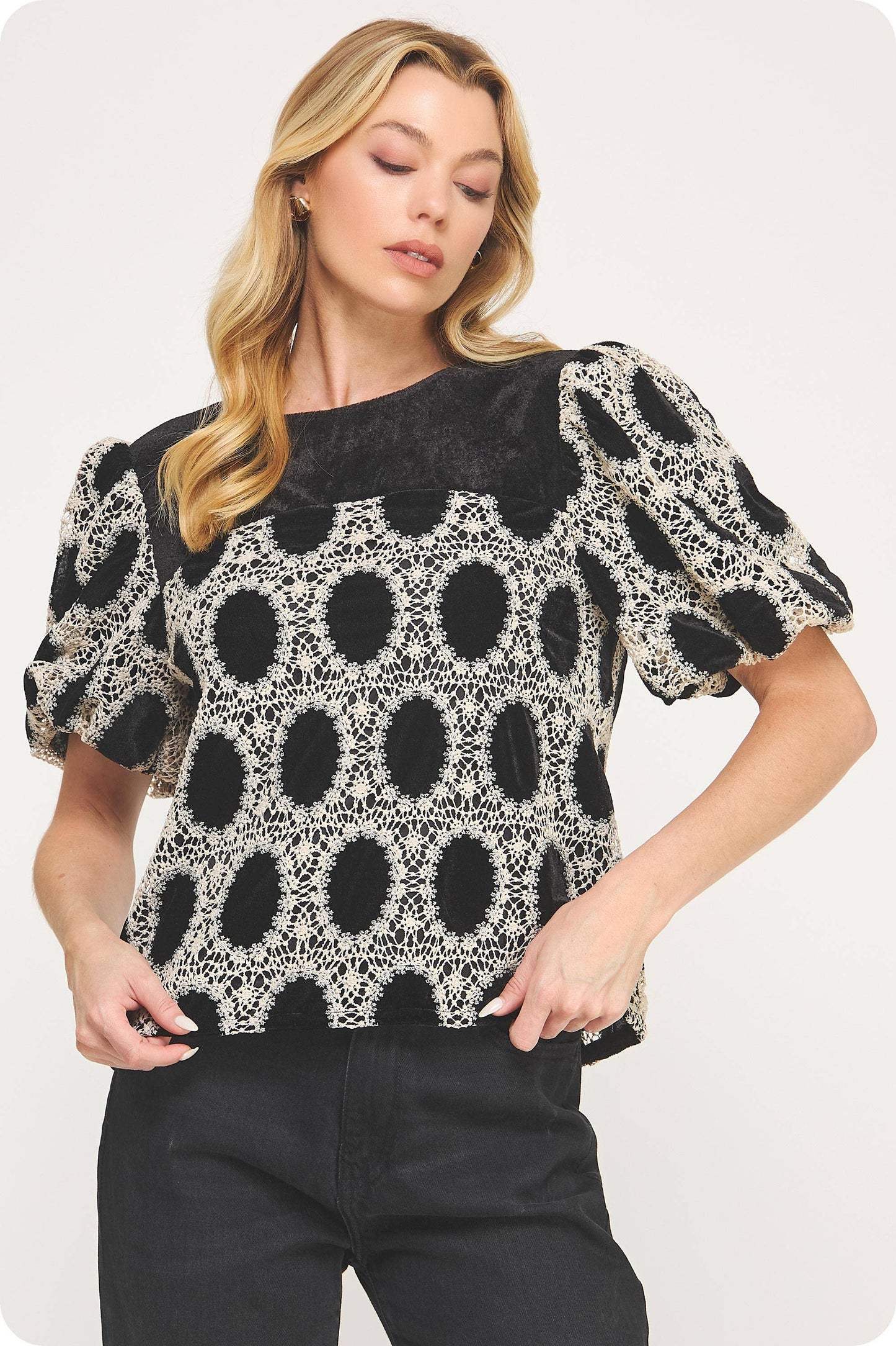 Strut and Bolt Crochet Velvet Puff Sleeve Top