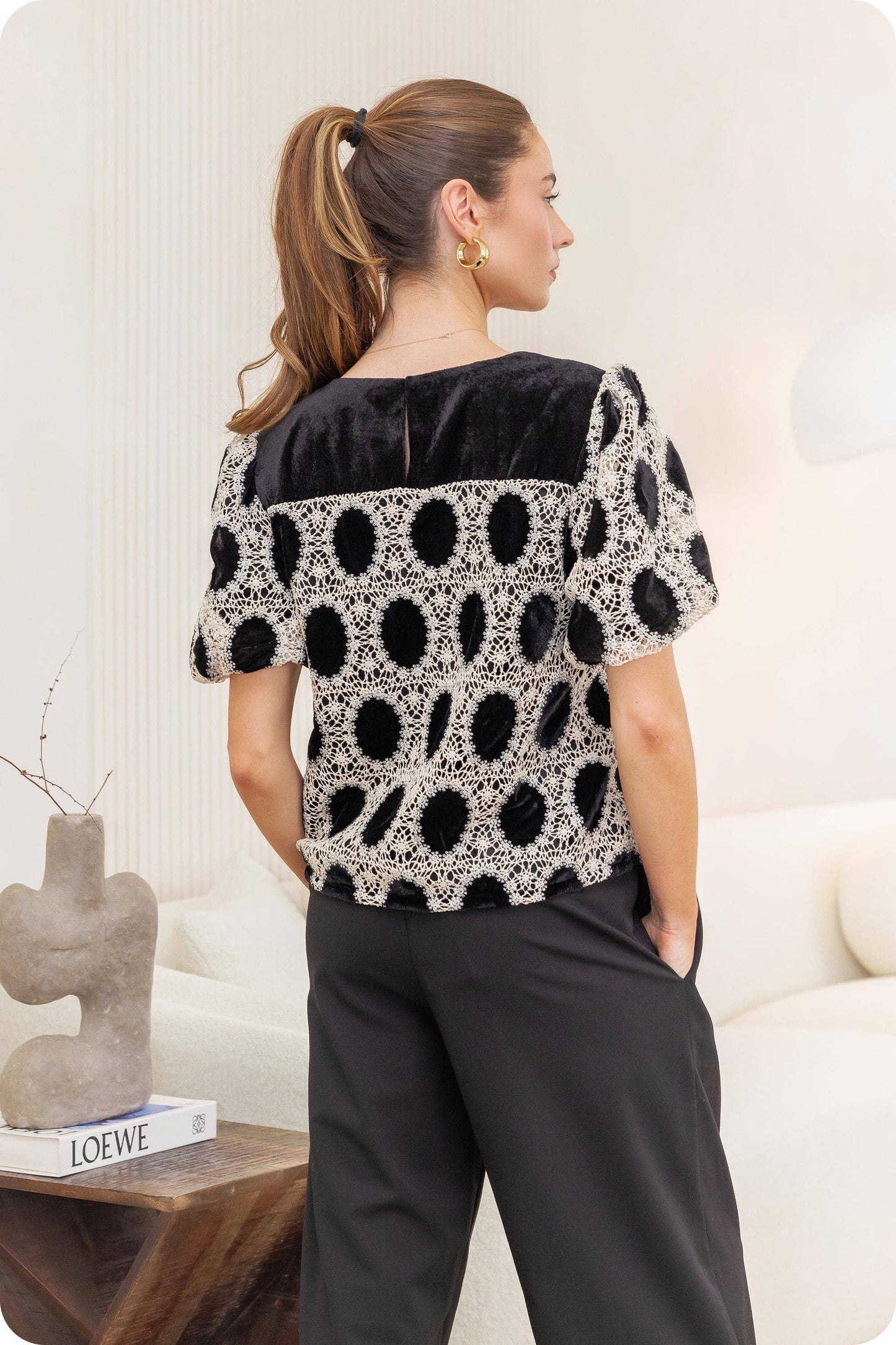 Strut and Bolt Crochet Velvet Puff Sleeve Top