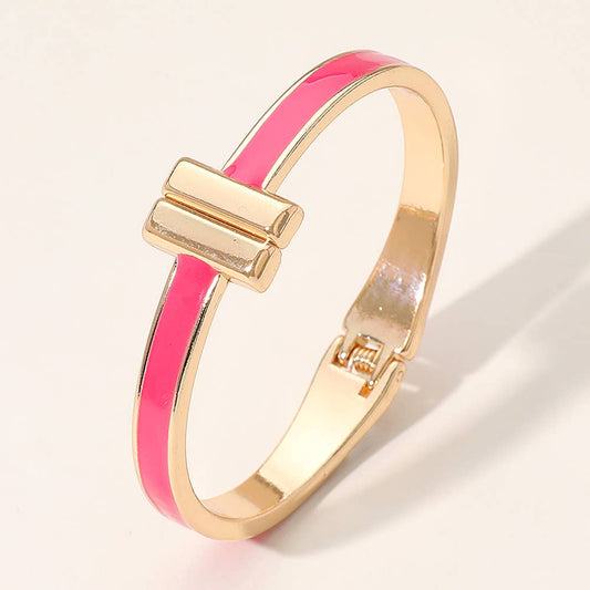 Fuchsia Metal Bar Tip Enamel Hinged Bangle Bracelet