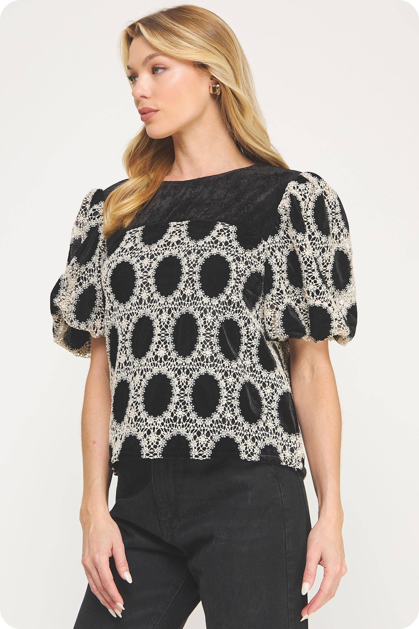 Strut and Bolt Crochet Velvet Puff Sleeve Top