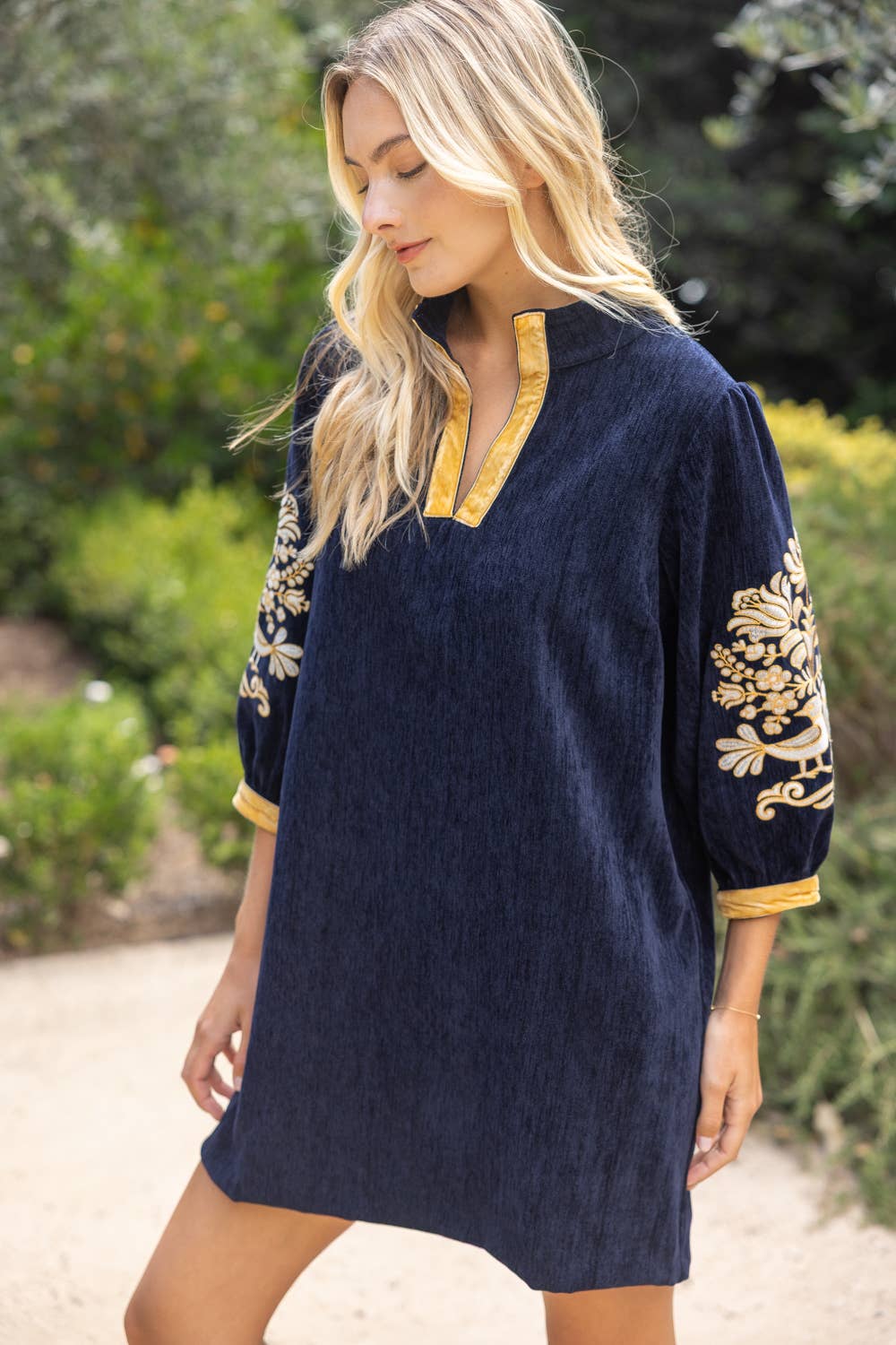 VOY Midnight Gold Embroidered Sleeve Velvet Shift Dress
