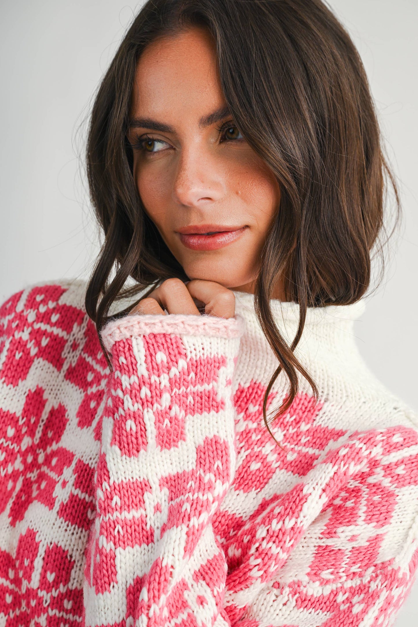 Pink Floral Fair Isle Mock Neck Sweater