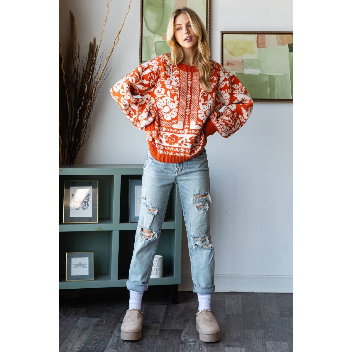 Veveret Garden Flower Knit Contrast Sweater Top