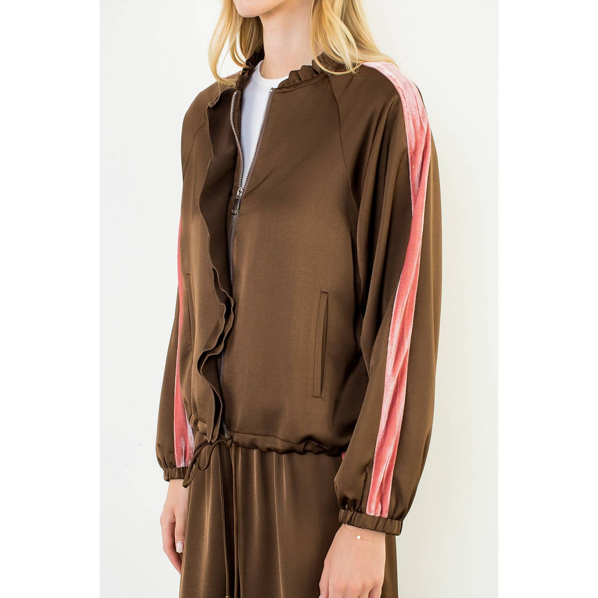THML Ruffled Zip Up Jacket With Velvet Details