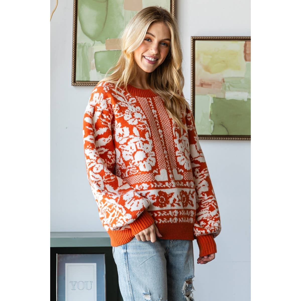 Veveret Garden Flower Knit Contrast Sweater Top