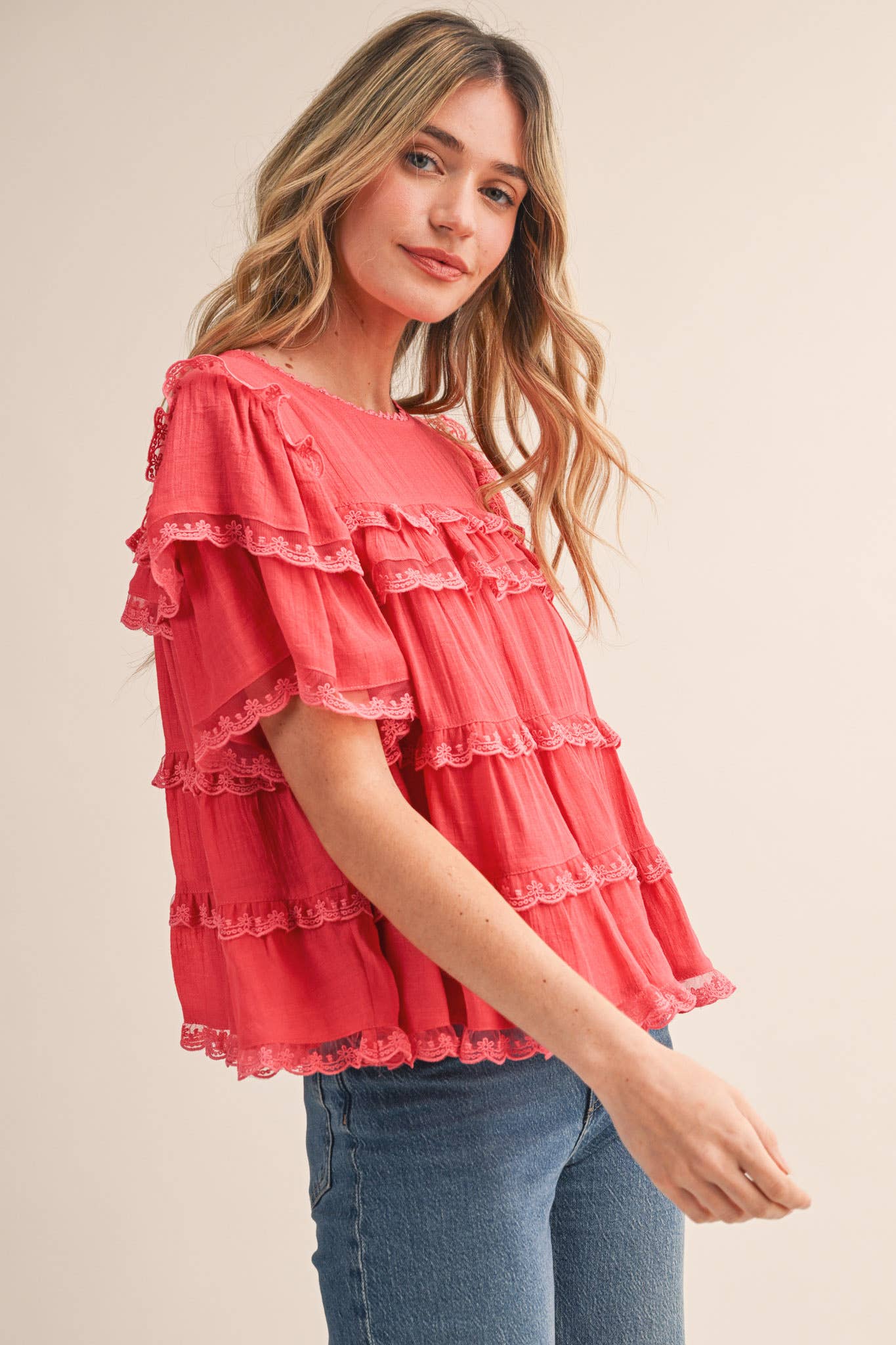 &Merci Tiered Ruffle Lace Trim Swing Top