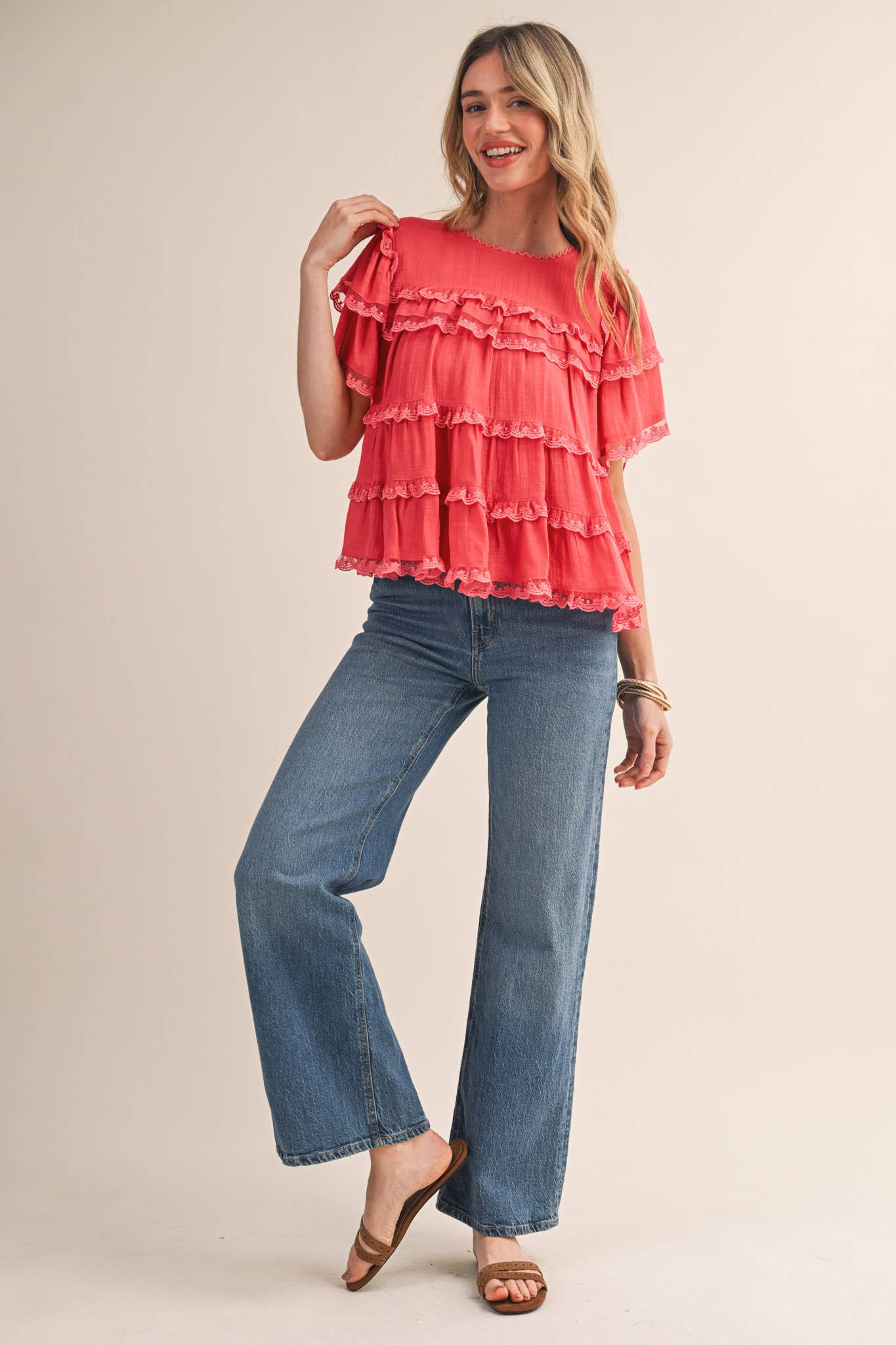 &Merci Tiered Ruffle Lace Trim Swing Top