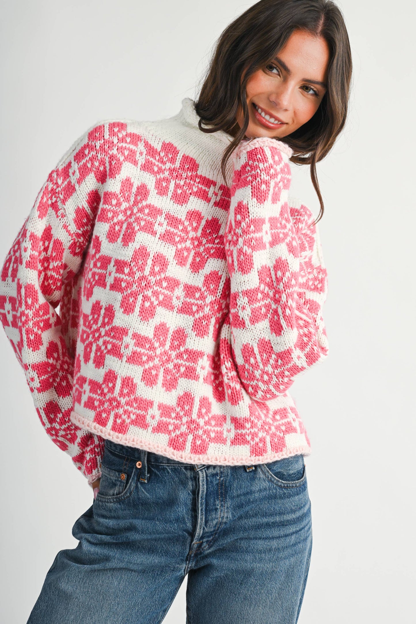 Pink Floral Fair Isle Mock Neck Sweater