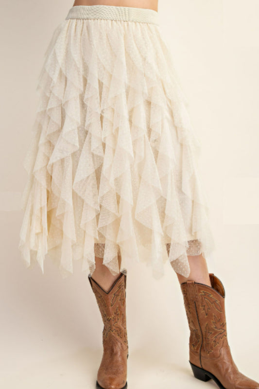 Cream Swiss Dot Tiered Ruffle Skirt