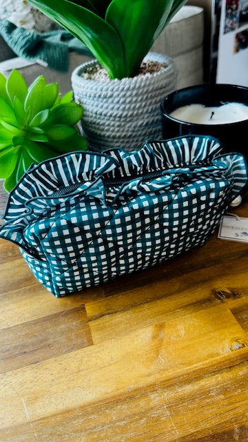 Green and White Checked Makeup Toiletries Bag