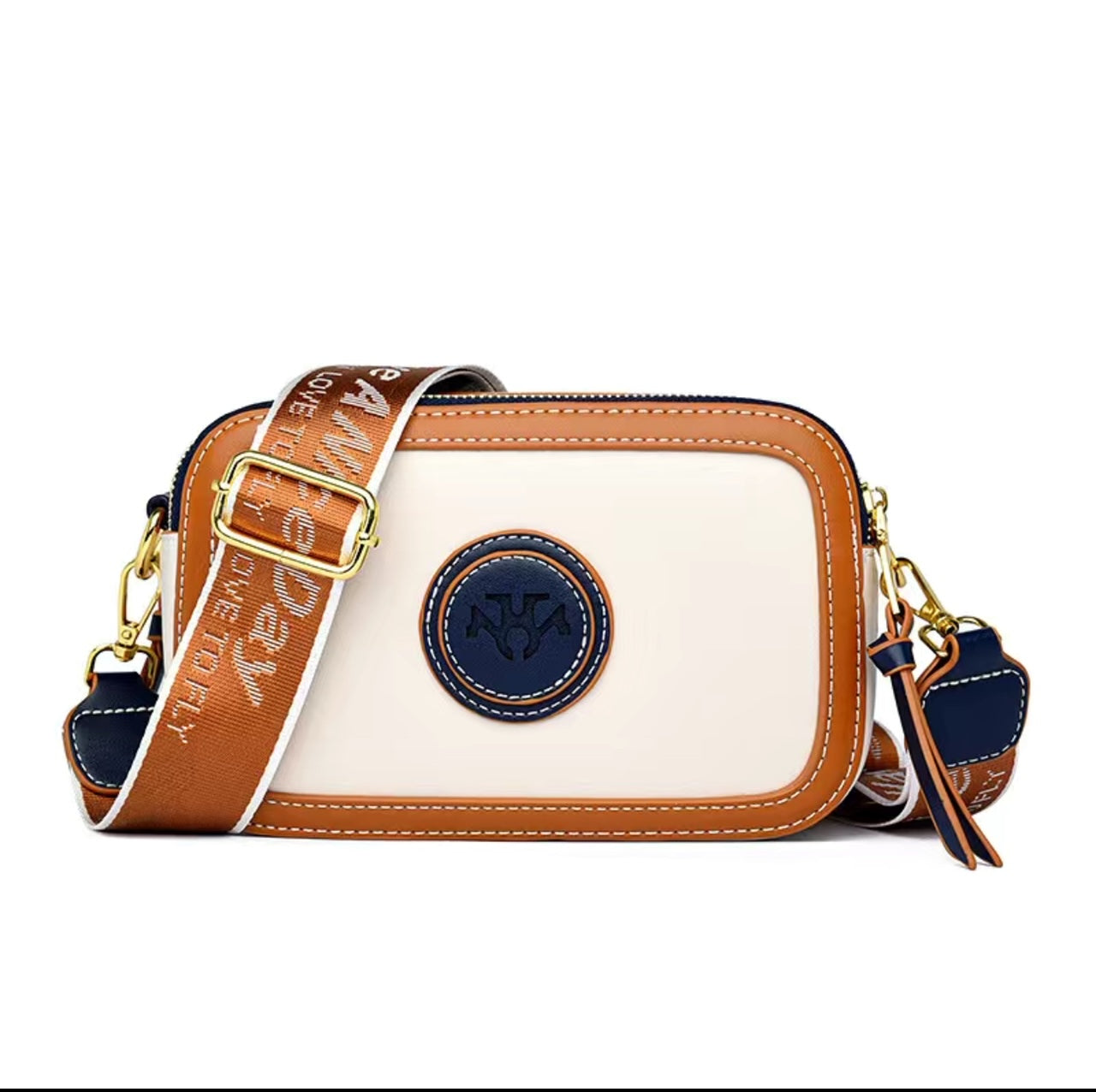 Cream and Navy Faux Leather Crossbody Bag