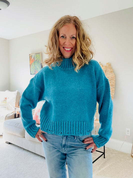Blue Distressed Cozy Sweater