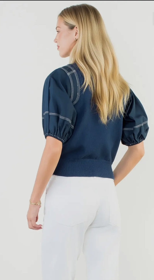 THML Blue Poplin Puff Sleeve Knit Top