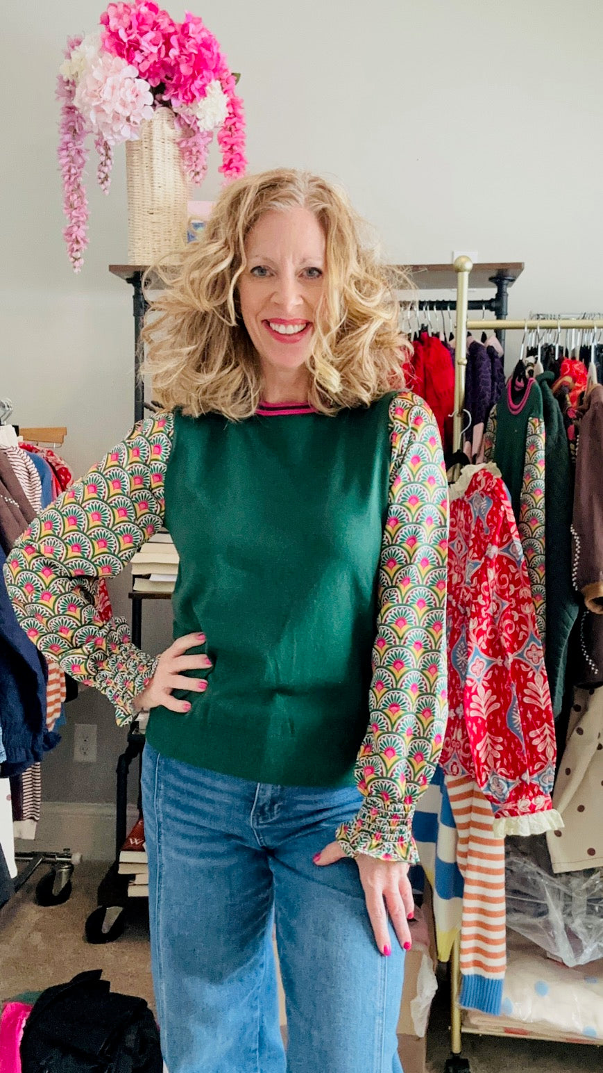 Green Printed Sleeves Top