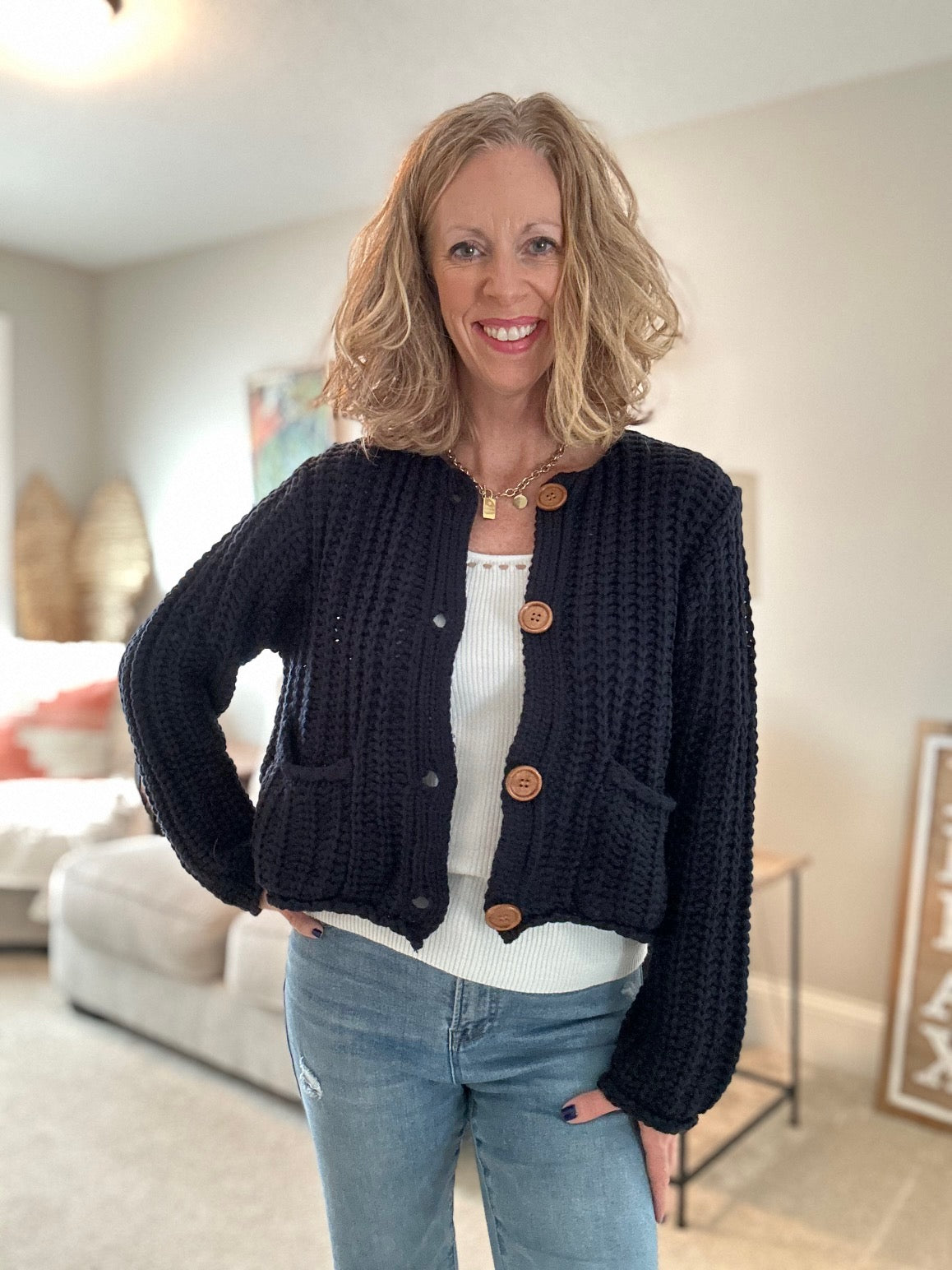 In February Navy Blue Chunky Knit Cardigan