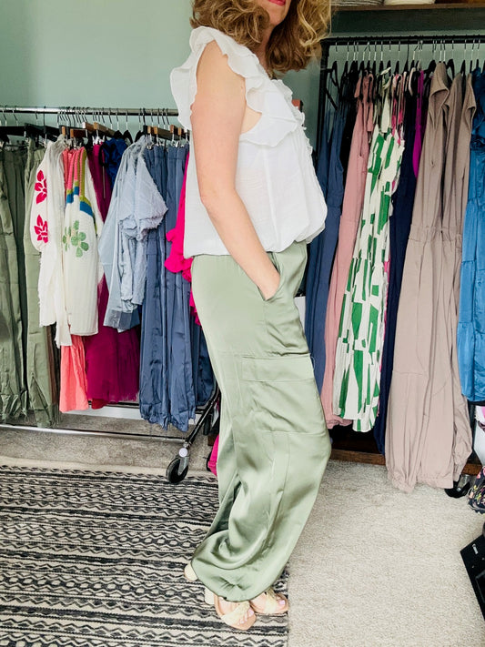 Olive Green Silky Cargo Pants