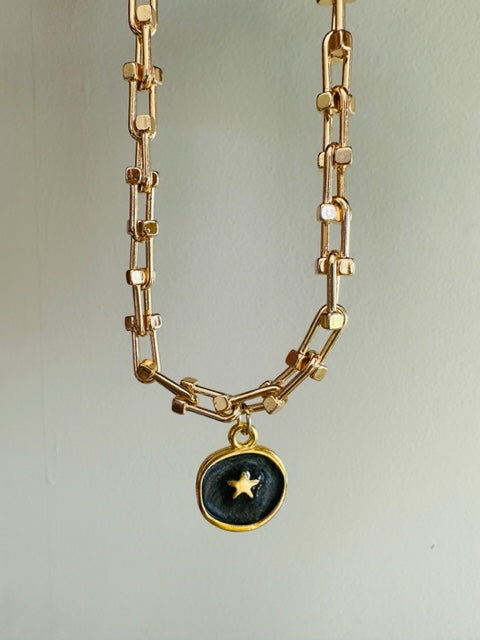 Black Enamel Star Chain Link Necklace