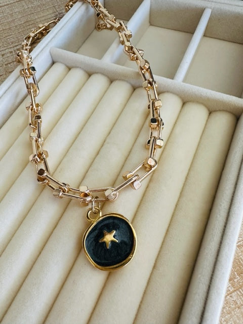 Black Enamel Star Chain Link Necklace
