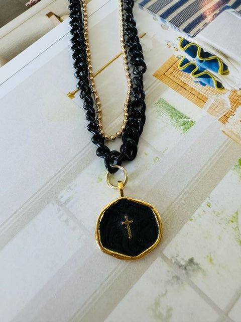 Black and Gold Enamel Cross Necklace