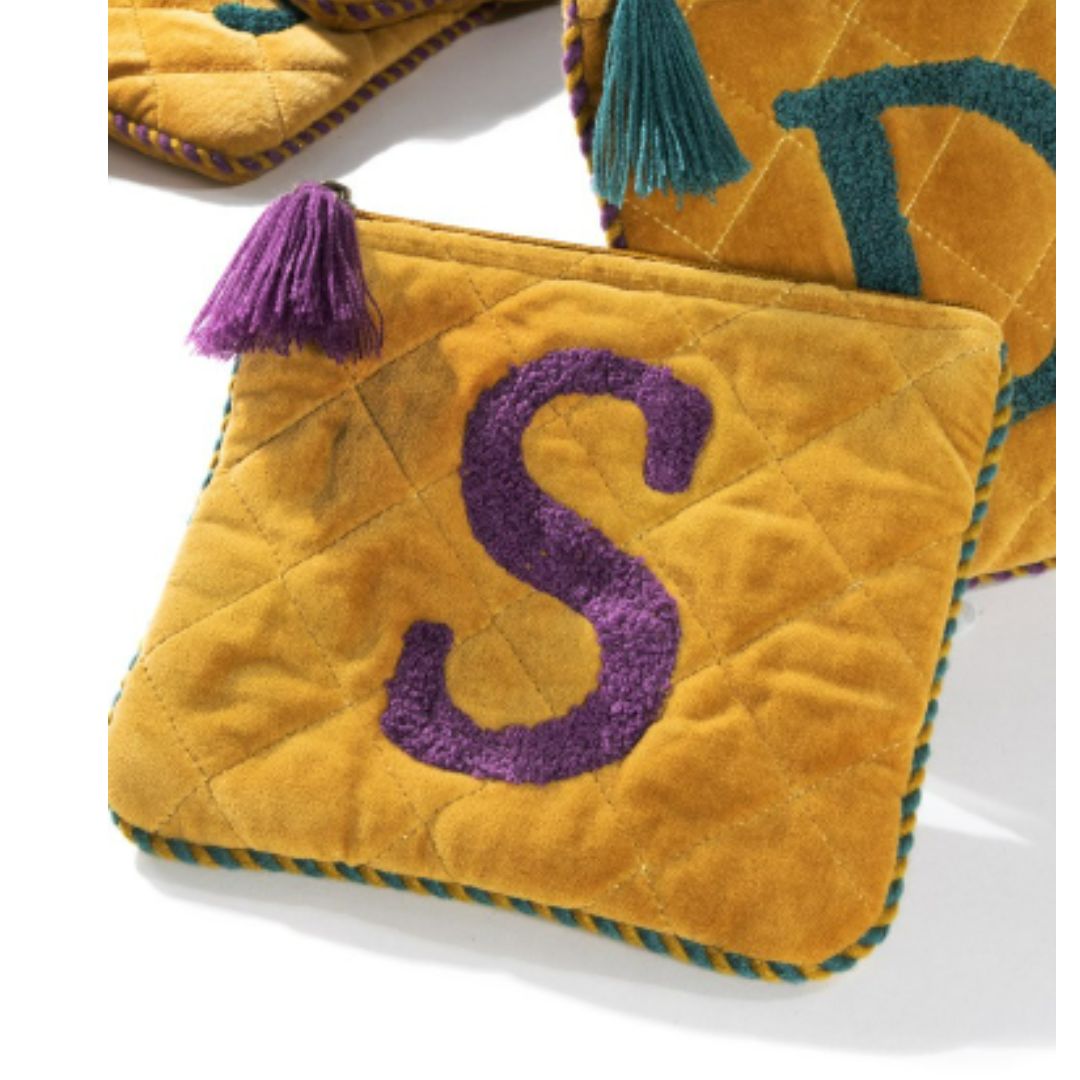 Hand Embroidered Initial Velveteen Pouch