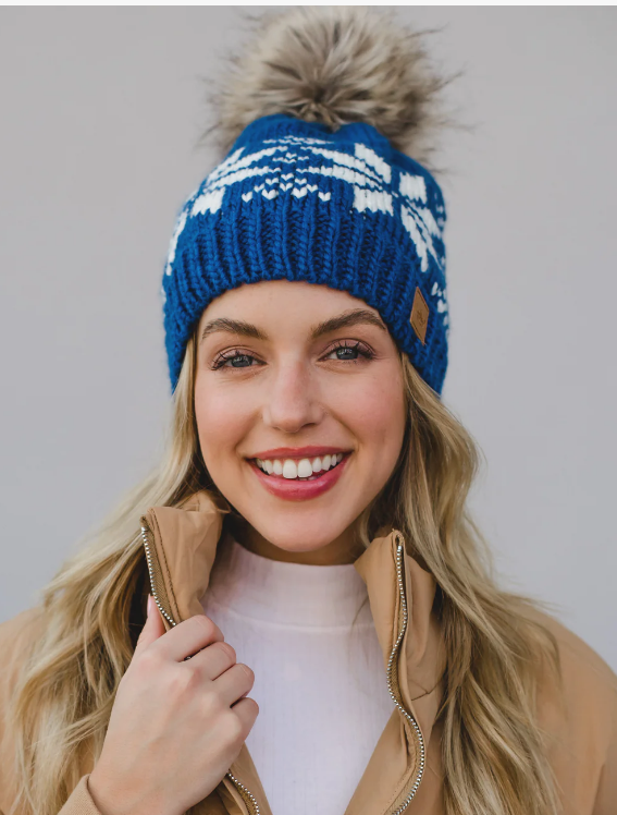 Blue and White Snowflake Fleece Lined Hat