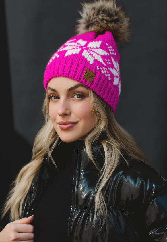 Pink and White Snowflake Fleece Lined Hat