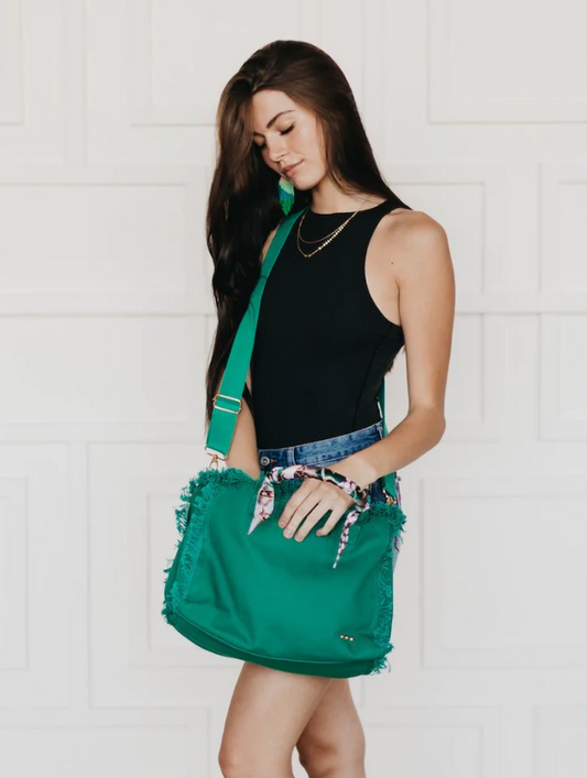 Green Chloe Canvas Fringe Tote Bag