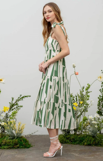 Green Tiered Abstract Print Midi Dress