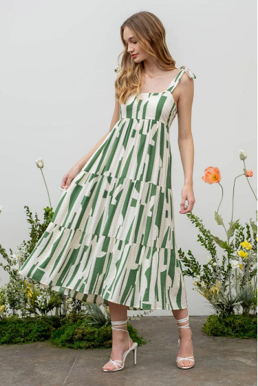 Green Tiered Abstract Print Midi Dress
