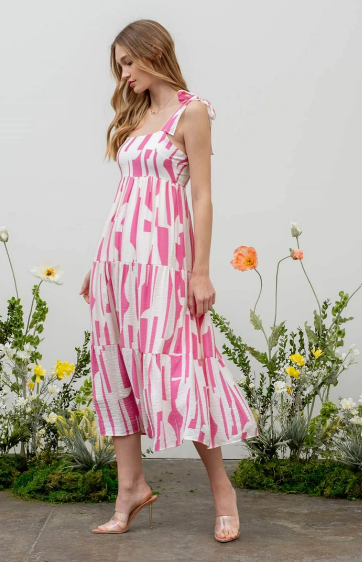 Pink Tiered Abstract Print Midi Dress