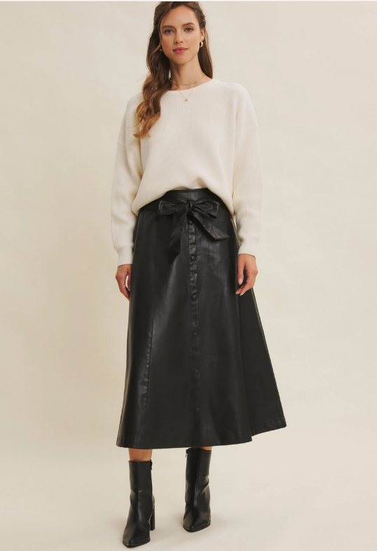 In February Vegan Black Faux Leather Belted Midi Skirt
