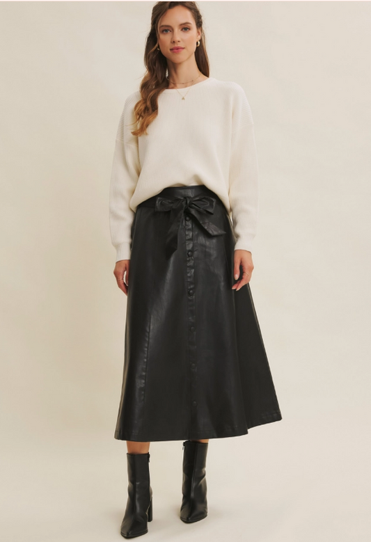 In February Vegan Black Faux Leather Belted Midi Skirt