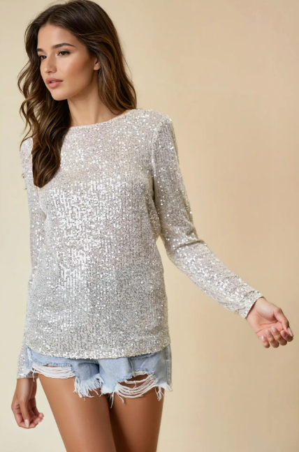 Doe and Rae Champagne Sequin Long Sleeve Top