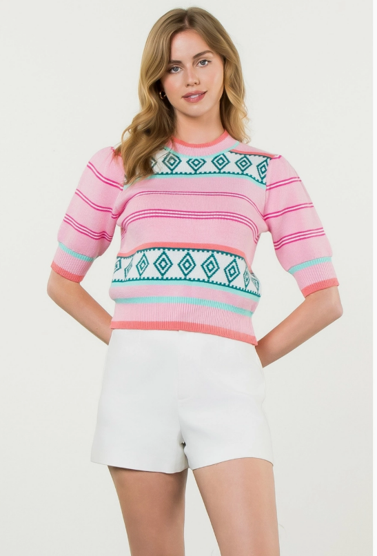 THML Diamond Pattern Puff Sleeve Knit Top