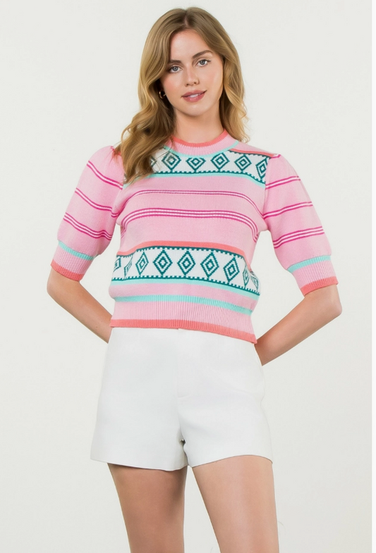 THML Diamond Pattern Puff Sleeve Knit Top