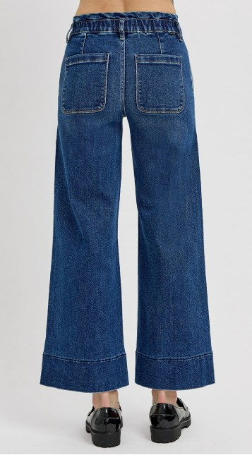 Risen Elastic Band Crop Wide Ruffle Band Jeans