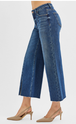 Risen Tummy Control Mid Rise Crop Wide Front Slit Jeans