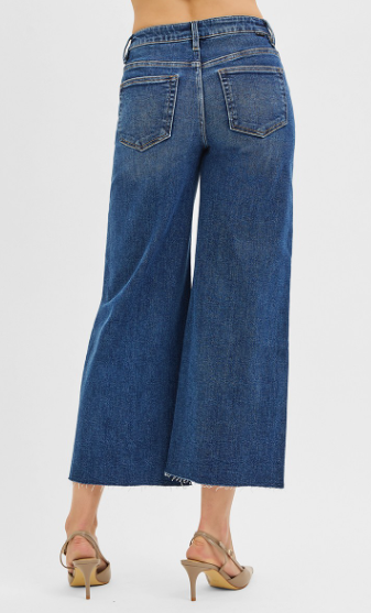Risen Tummy Control Mid Rise Crop Wide Front Slit Jeans
