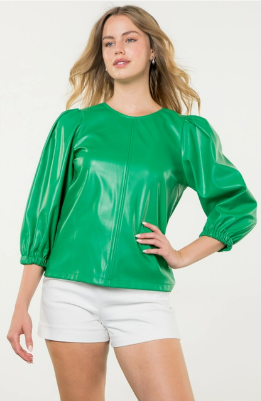 THML Long Sleeve Green Leather Top