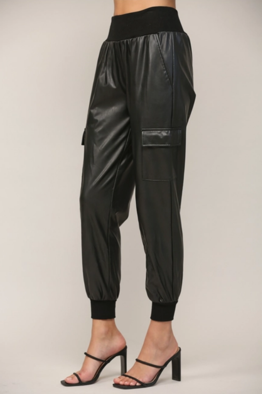 FATE Black Contrast Rib Band Trim Faux Leather Jogger