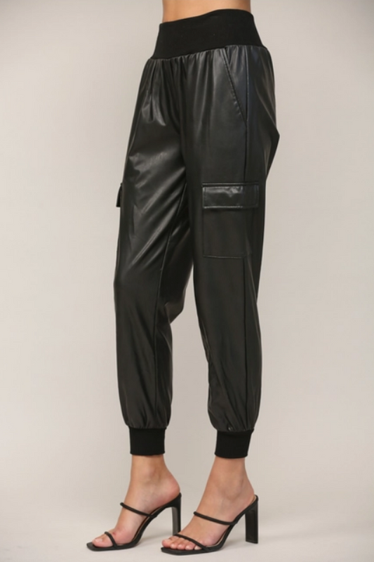 FATE Black Contrast Rib Band Trim Faux Leather Jogger