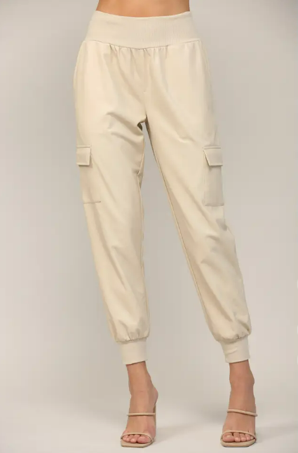 FATE Cream Contrast Rib Band Trim Faux Leather Jogger