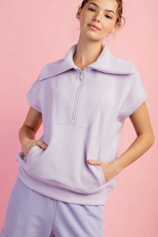 Rae Mode Lavender Modal Poly Span Short Sleeve Quarter Zip Top