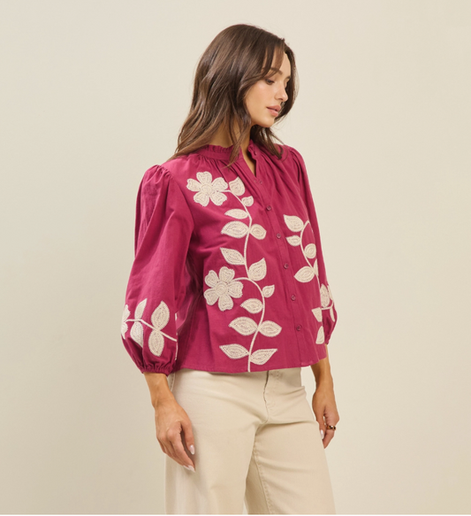 Able Magenta Embroidered Top