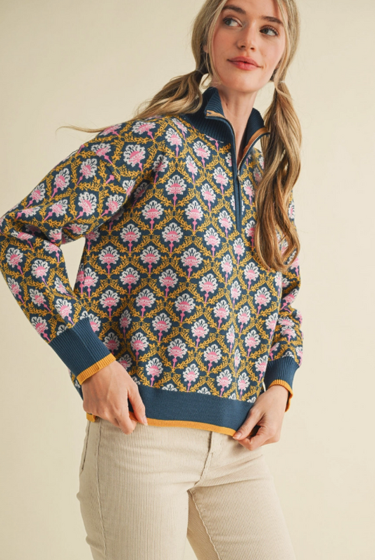 & Merci Peacock Blue Print Sweater