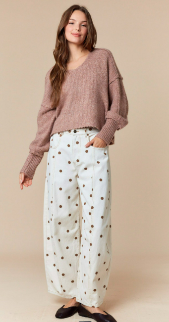 Peach Love California Polka Dot Printed Wide Denim Pants
