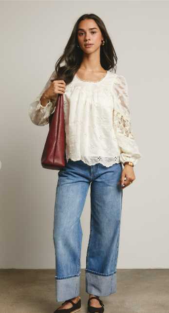 Forte Embroidered Lace Puff Sleeve Top