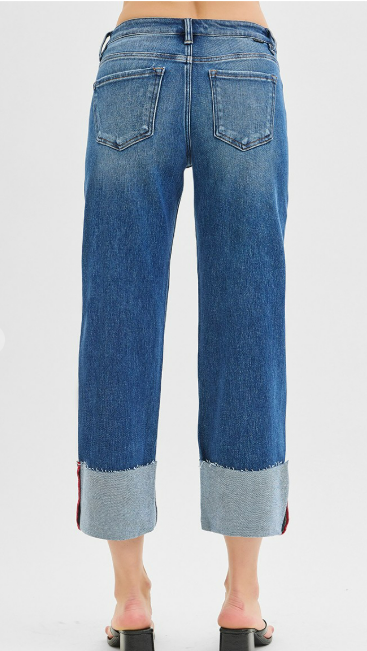 Risen Tummy Control Mid Rise Crop Wide Cuffed Jeans