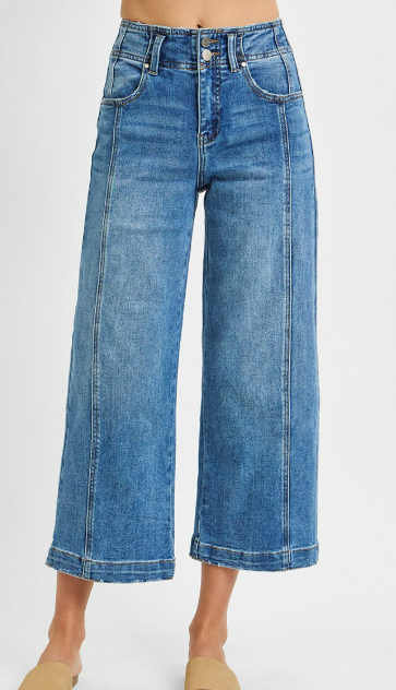 Risen High Rise Crop Wide Front Seam Detail Jeans