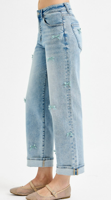 Risen High Rise Crop Barrel Ribbon Detail Jeans